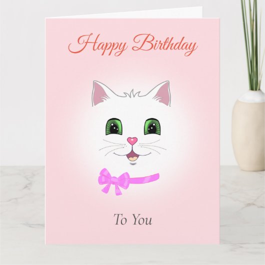 Funny White Cat Face on Light Pink Birthday Karte (Vorderseite)