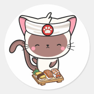 Funny white cat ist ein Sushi-Koch Runder Aufkleber