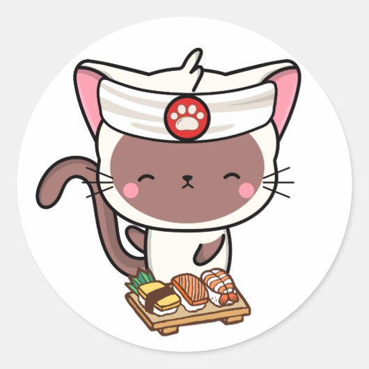 Funny white cat ist ein Sushi-Koch Runder Aufkleber (Vorderseite)