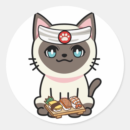 Funny white cat ist ein Sushi-Koch Runder Aufkleber (Vorderseite)