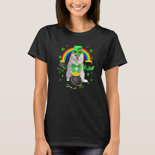Funny White Cat Leprechaun Kleeblatt St. Patrick's T-Shirt (Vorderseite)