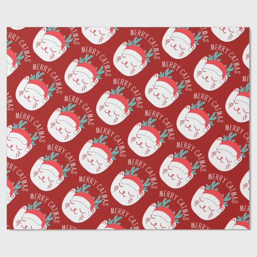 Funny White Cat Pattern Merry Catmas Weihnachten Geschenkpapier (Flach)