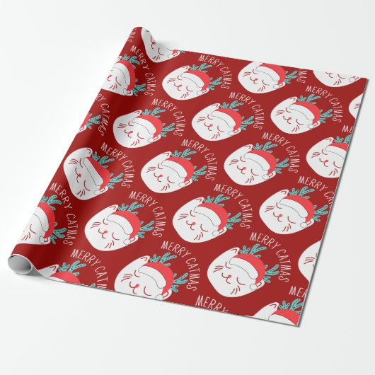 Funny White Cat Pattern Merry Catmas Weihnachten Geschenkpapier (Ungerollt)