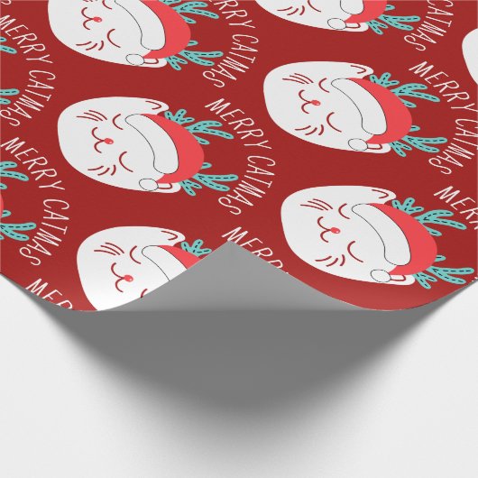 Funny White Cat Pattern Merry Catmas Weihnachten Geschenkpapier (Ecke)