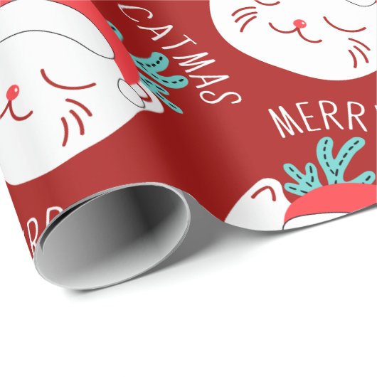 Funny White Cat Pattern Merry Catmas Weihnachten Geschenkpapier (Rolleneckpunkt)