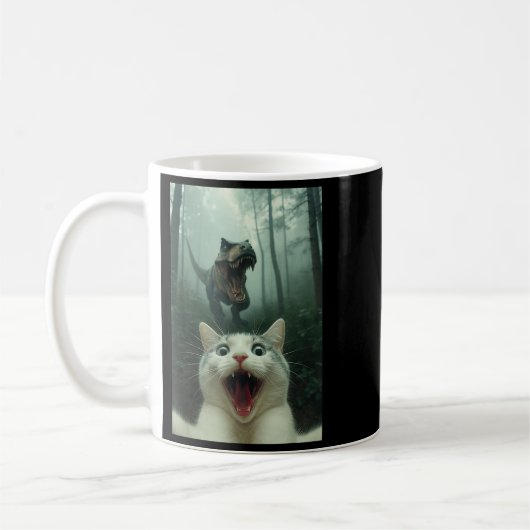 Funny White Cat Selfie With T-rex Dinosaur, Cat Ki Kaffeetasse (Links)