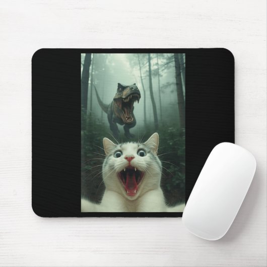 Funny White Cat Selfie With T-rex Dinosaur, Cat Ki Mousepad (Mit Mouse)