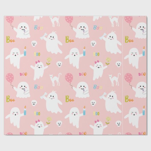 Funny White Ghost Pink With Balloon Halloween Geschenkpapier (Flach)