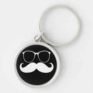 Funny White Mustache Brille auf schwarzem Hintergr Schlüsselanhänger