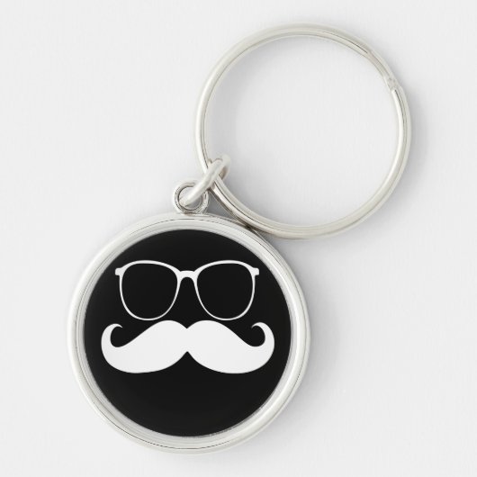 Funny White Mustache Brille auf schwarzem Hintergr Schlüsselanhänger (Vorne)