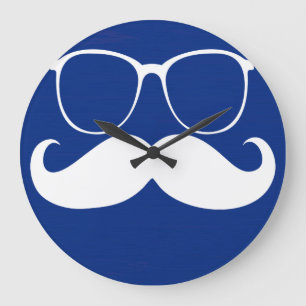 Funny White Mustache Glasses on Blue Background Große Wanduhr