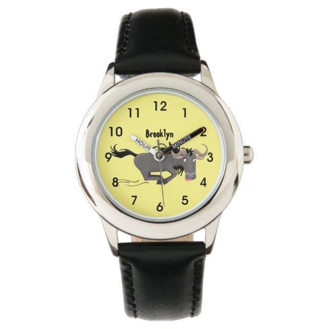Funny wildebeam läuft Cartoon Illustration Armbanduhr (Vorderseite)