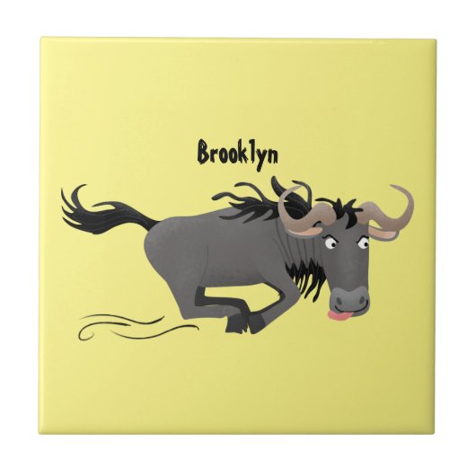 Funny wildebeam läuft Cartoon Illustration Fliese (Vorderseite)