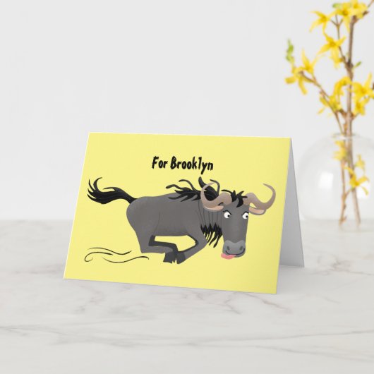 Funny wildebeam läuft Cartoon Illustration Karte (Gelbe Blume)