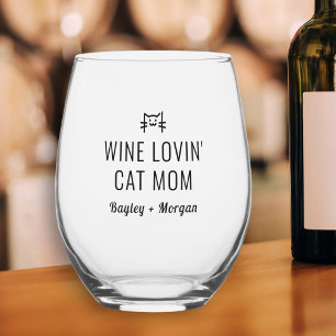 Funny Wine Loving Katze Mama Personalisierte Namen Weinglas Ohne Stiel