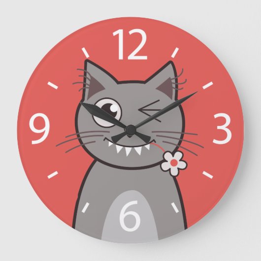 Funny Winking Cartoon Kitty Cat Große Wanduhr (Vorderseite)