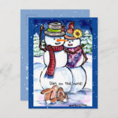 Funny Winter Weihnachtsschneemännchen Rabbits Carr Postkarte (Vorne/Hinten)