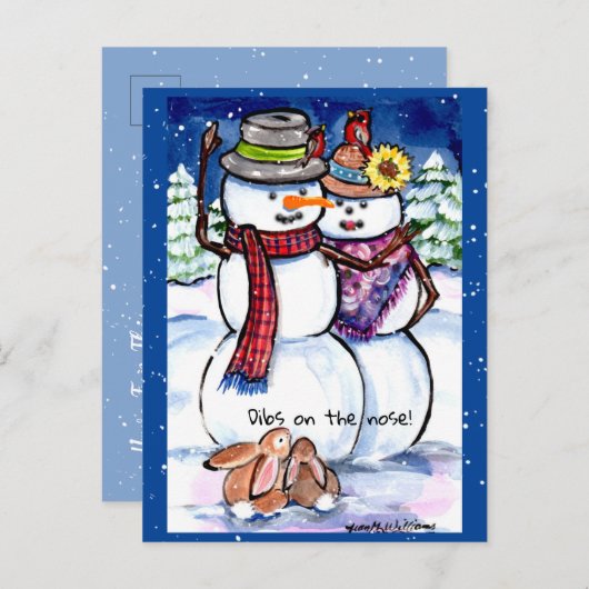 Funny Winter Weihnachtsschneemännchen Rabbits Carr Postkarte (Vorne/Hinten)