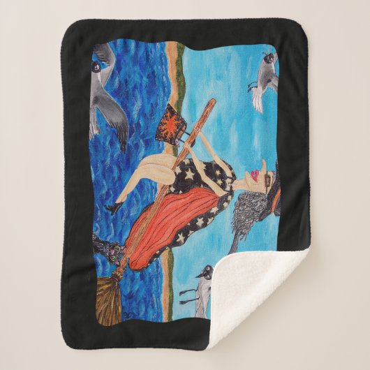 Funny Witch Flying Beside Seagulls Going to Beach Sherpadecke (Vorderseite)