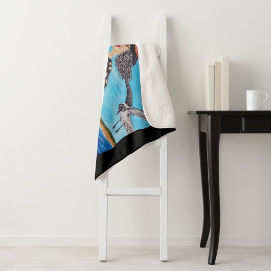 Funny Witch Flying Beside Seagulls Going to Beach Sherpadecke (Beispiel)