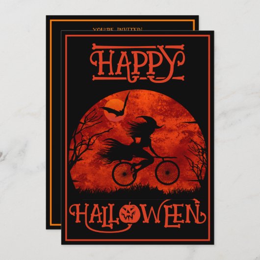 FUNNY WITCH ON BIKE HALLOWEEN EVENT EINLADUNG (Vorne/Hinten)