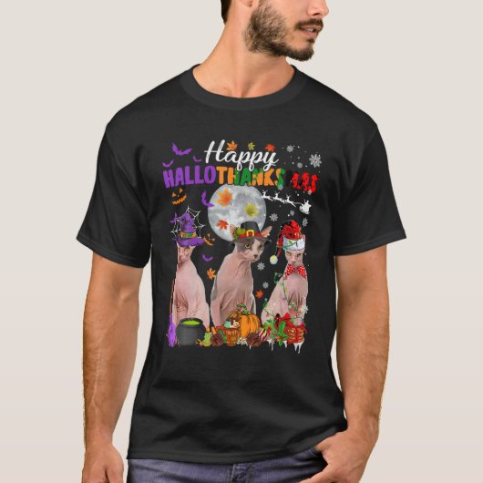 Funny Witch Pilgrim Santa Sphynx Cats Happy HalloT T-Shirt (Vorderseite)