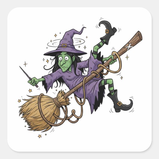 Funny Witch Tangled On Broom Art Sticker (Vorderseite)