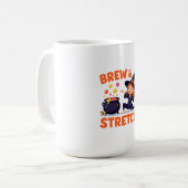 Funny Witch Yoga Design - "Brew & Stretch" Cartoon Kaffeetasse (Vorderseite Links)
