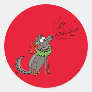 Funny Wolf Weihnachts-Happy Howlidays Holiday Runder Aufkleber
