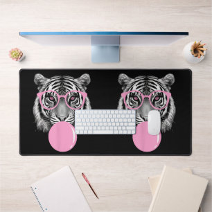 Funny Women's Tiger Brille & Pink Bubble Gum Anim Schreibtischunterlage