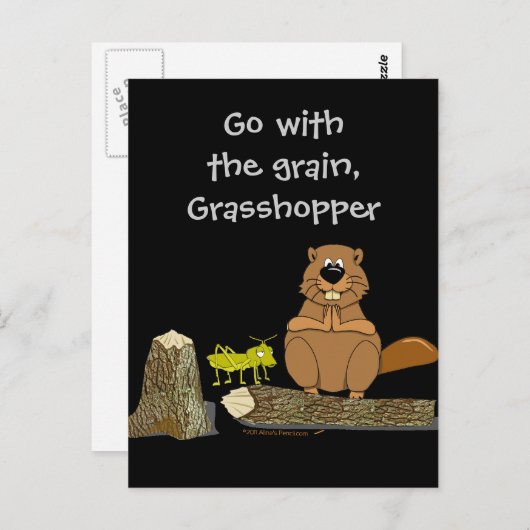 Funny Wood Turning Beaver und Grasshopper Cartoon Postkarte (Vorne/Hinten)