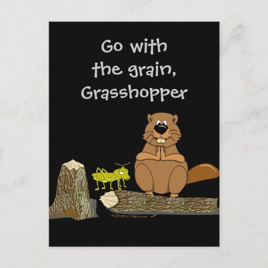 Funny Wood Turning Beaver und Grasshopper Cartoon Postkarte (Vorderseite)