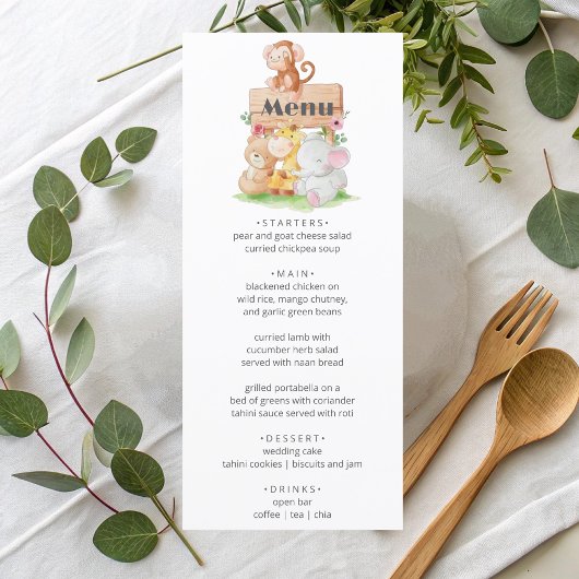 Funny Woodland Animals Baby Showe Party Menu Menükarte