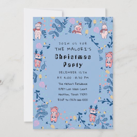 Funny Woodland Friends Blue Winter Forest Pattern Einladung (Vorderseite)
