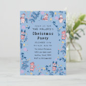 Funny Woodland Friends Blue Winter Forest Pattern Einladung (Stehend Vorderseite)