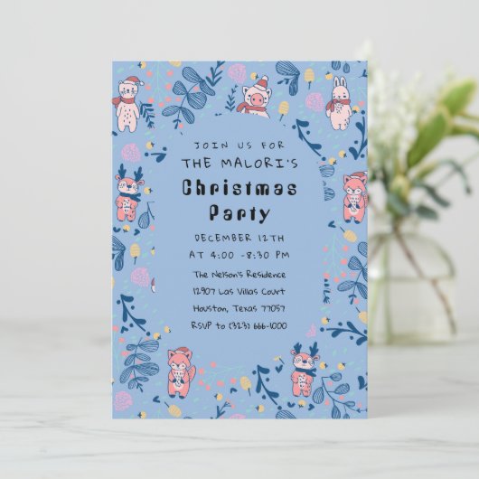 Funny Woodland Friends Blue Winter Forest Pattern Einladung (Stehend Vorderseite)