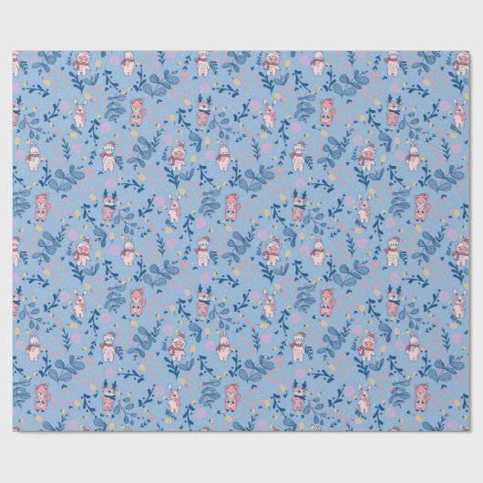 Funny Woodland Friends Blue Winter Forest Pattern Geschenkpapier (Flach)