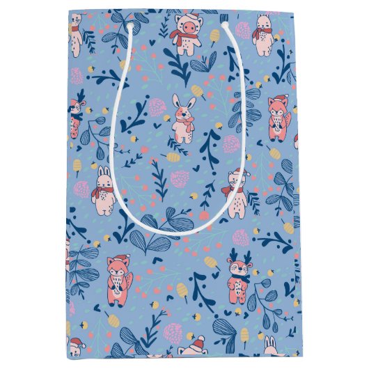 Funny Woodland Friends Blue Winter Forest Pattern Mittlere Geschenktüte (Vorderseite)