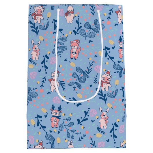 Funny Woodland Friends Blue Winter Forest Pattern Mittlere Geschenktüte (Rückseite)