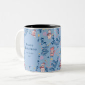 Funny Woodland Friends Blue Winter Forest Pattern Zweifarbige Tasse (Vorderseite Links)