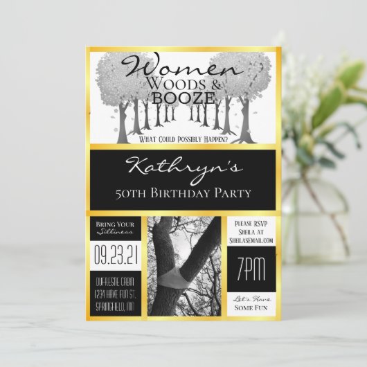 Funny Woodsy Frau Getaway Einladung (Stehend Vorderseite)