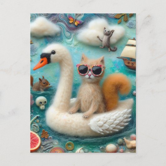 Funny Woolie Swan Float mit Katze Postkarte (Vorderseite)