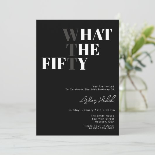 Funny WTF Erwachsene 50. Geburtstag Einladung (Stehend Vorderseite)