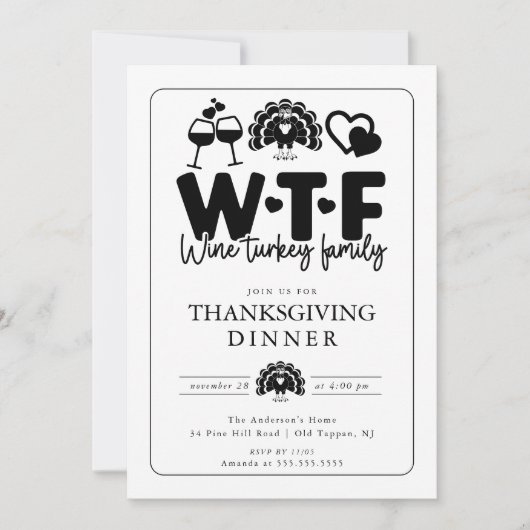 Funny WTF Wine Turkey Family Thanksgiving Dinner Einladung (Vorderseite)