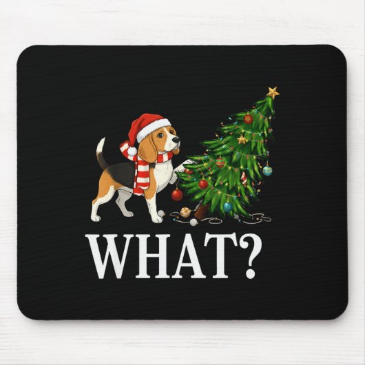 Funny Xmas Beagle Pushing Christmas Tree Over Dog  Mousepad (Vorne)
