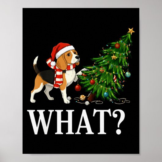 Funny Xmas Beagle Pushing Christmas Tree Over Dog Poster (Vorne)