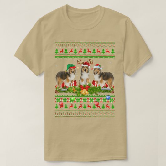 Funny Xmas Lighting Santa Ugly Shetland Sheepdog C T-Shirt (Design vorne)