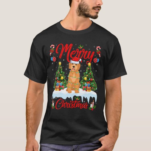 Funny Xmas Lighting Weihnachtsmannmütze Goldendood T-Shirt (Vorderseite)