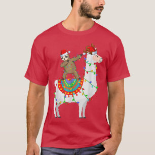 Funny Xmas Lights Dabbing Sloth Riding Llama Chris T-Shirt