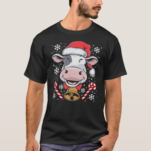 Funny Xmas Santa Hat Cow Christmas Lights T-Shirt (Vorderseite)